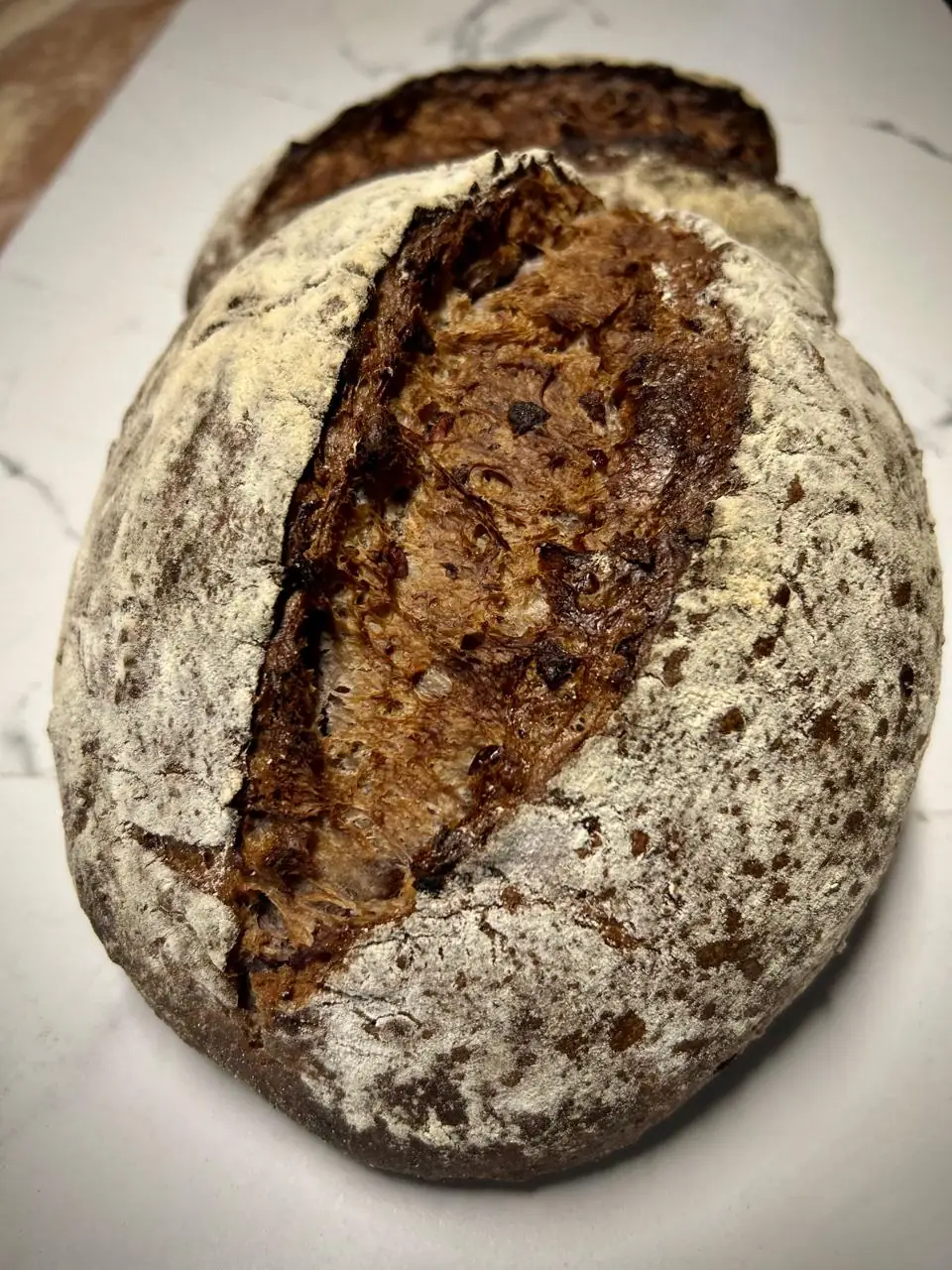 Hogaza de pan de centeno con corteza oscura y greñado profundo